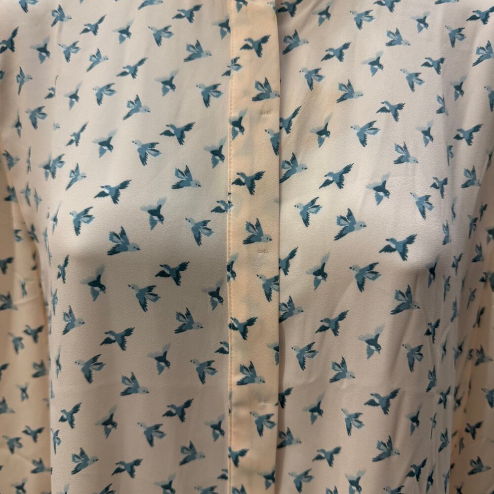 Ann Taylor LOFT Mandarin Collar Pink Blouse Sz S Blue Birds Career Button Up - Picture 2 of 4